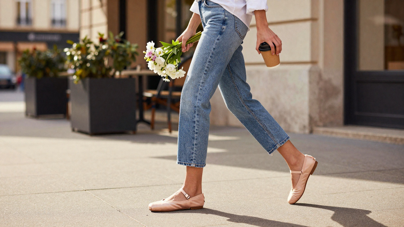 Pessoa caminhando na calçada com buquê de flores e copo de café, vestindo jeans e sapatilhas rosas.