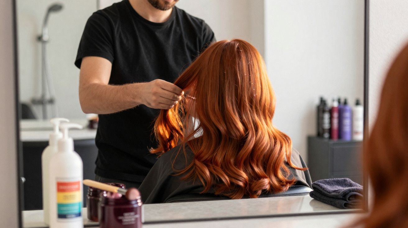 Homem arrumando cabelo ruivo ondulado de cliente em salão de beleza, visto pelo espelho.