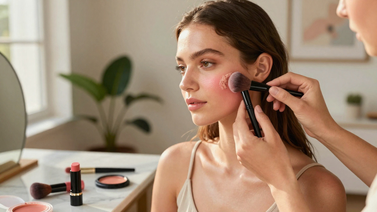 Mulher recebendo aplicação de blush por outra pessoa em ambiente iluminado e confortável.