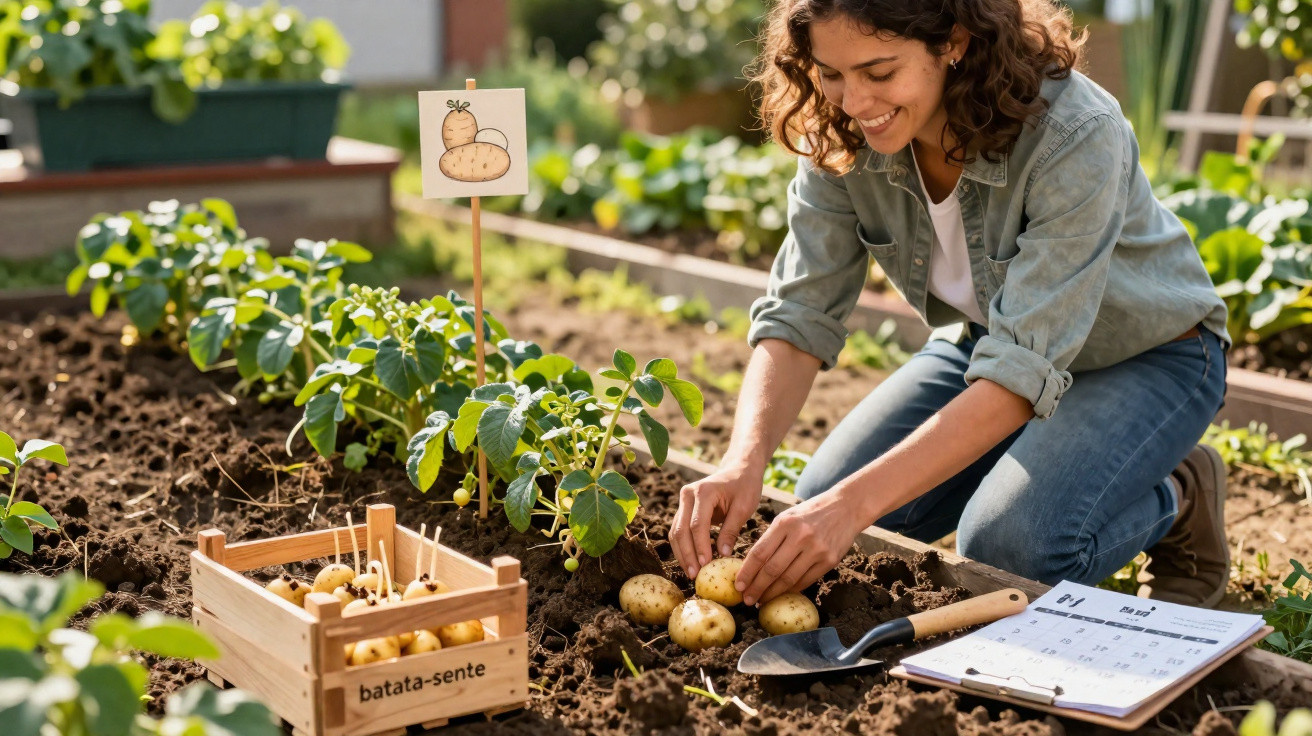 Jovem colhendo batatas em horta com caixa de batata-sente e calendário ao lado.