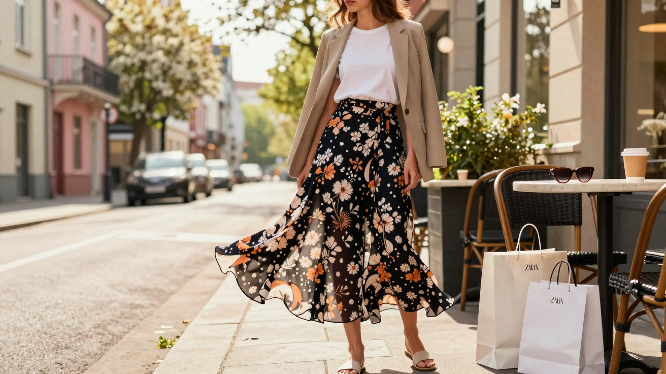 Mulher vestindo camiseta branca, blazer bege e saia preta com estampa floral, caminhando na calçada de rua urbana.