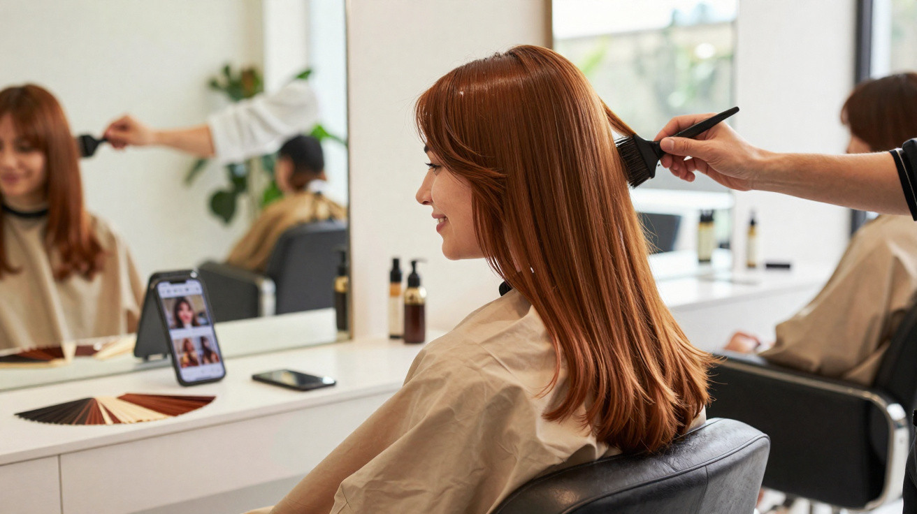 Mulher sorridente tendo cabelo tingido em salão de beleza enquanto olha para celular na frente do espelho.