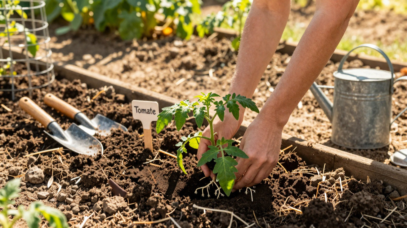 Mãos plantando muda de tomate em canteiro de terra com ferramentas de jardinagem ao lado.