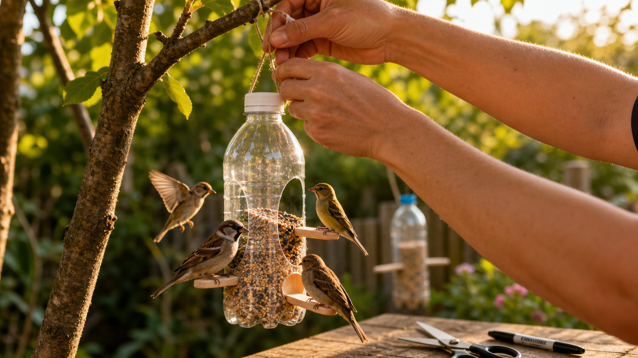 Mãos pendurando comedouro de pássaros feito com garrafa PET enquanto pássaros se alimentam no jardim.