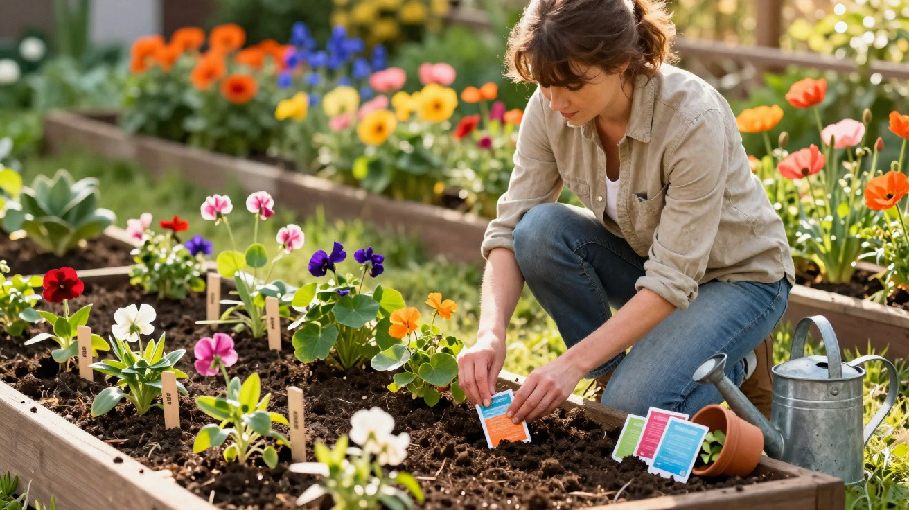 Mulher plantando sementes em canteiro de flores coloridas em jardim ensolarado.