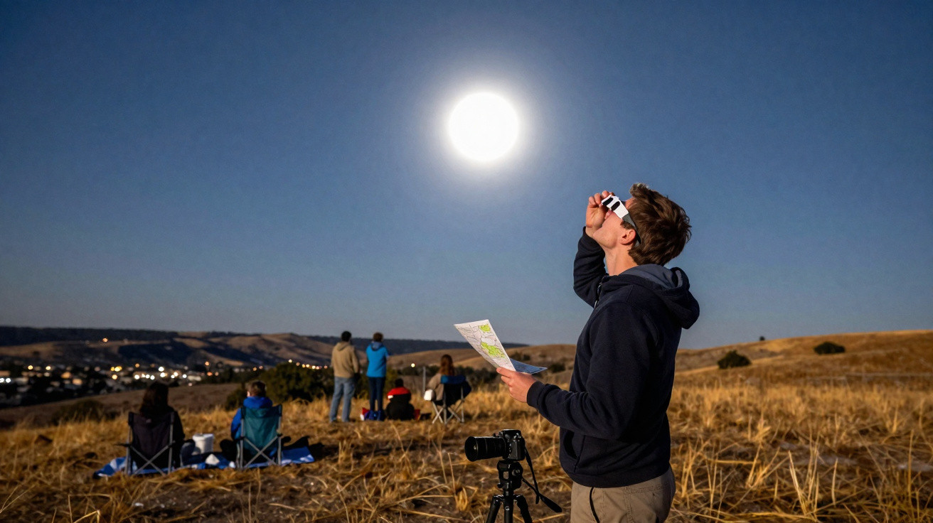 Pessoa observando o eclipse solar com óculos especiais em campo aberto ao entardecer com outras pessoas ao fundo.
