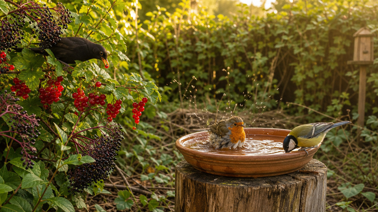 Pássaros em um jardim, um tomando banho em um prato de barro e dois outros próximos a frutas vermelhas.