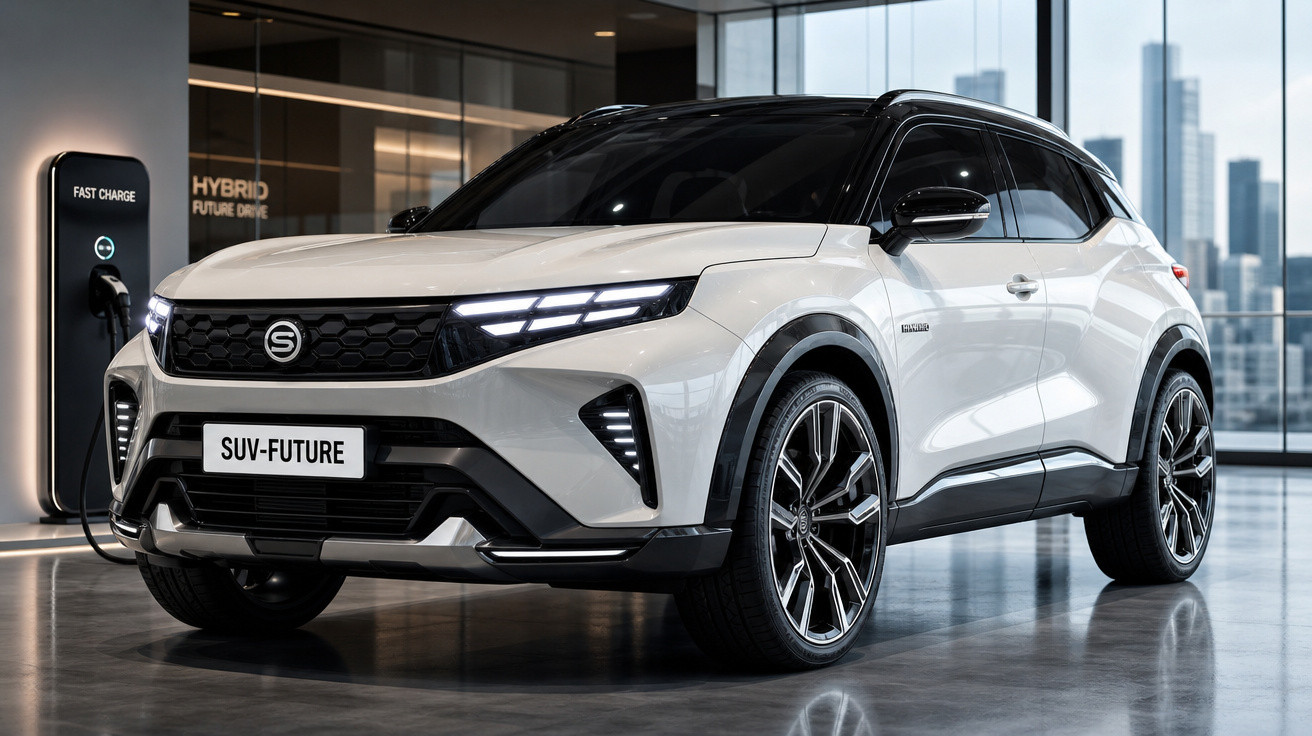 SUV branco elétrico plugado em estação de carregamento rápido em ambiente interno moderno.