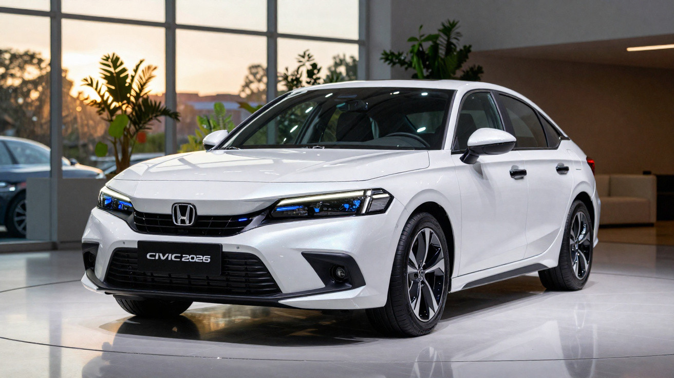 Carro Honda Civic 2026 branco estacionado em ambiente interno com plantas ao fundo e iluminação suave.