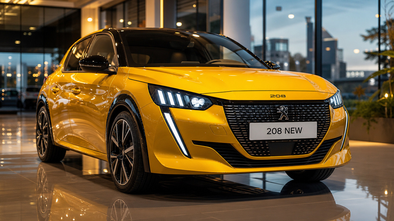 Carro Peugeot 208 amarelo em exposição, com faróis acesos e interior moderno, em showroom iluminado.