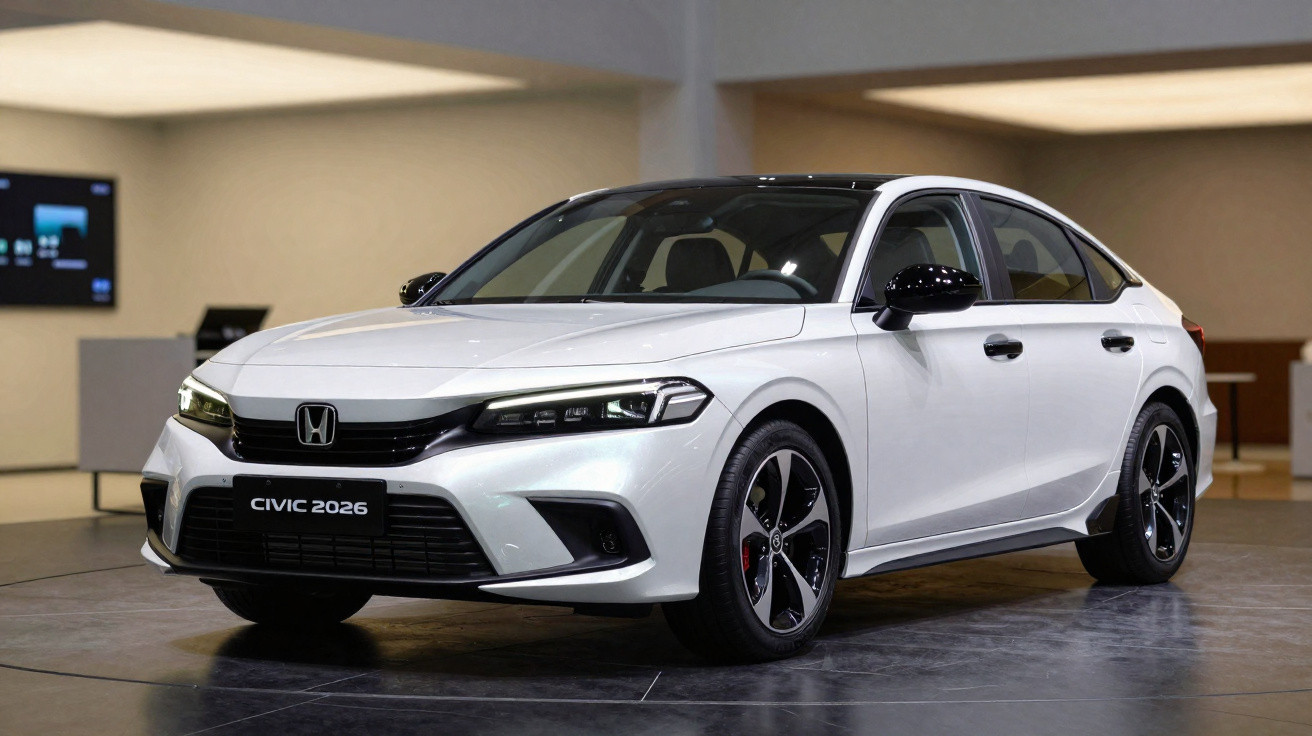 Honda Civic 2026 branco em exibição, com design moderno e rodas esportivas em showroom.