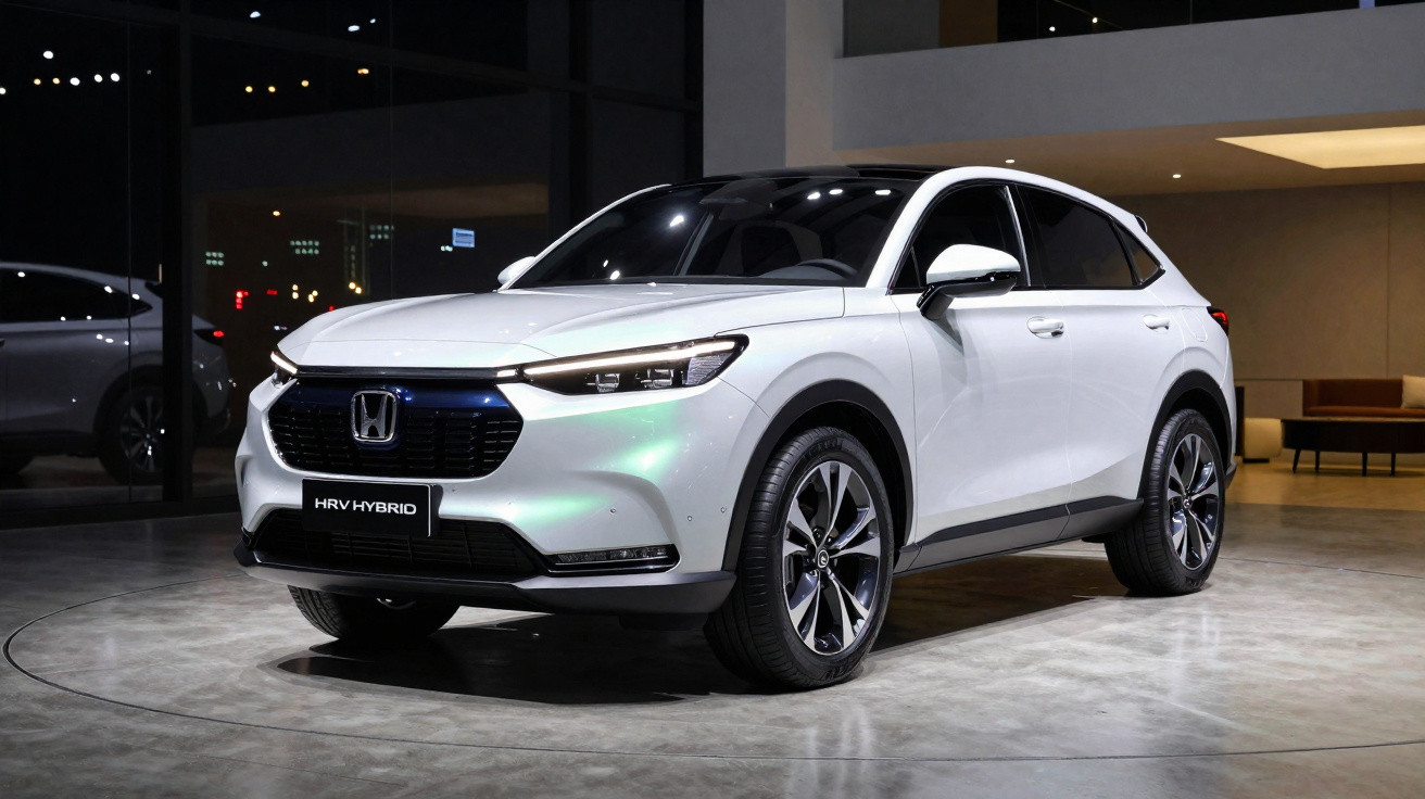 SUV Honda HR-V Hybrid branco estacionado em ambiente interno iluminado.