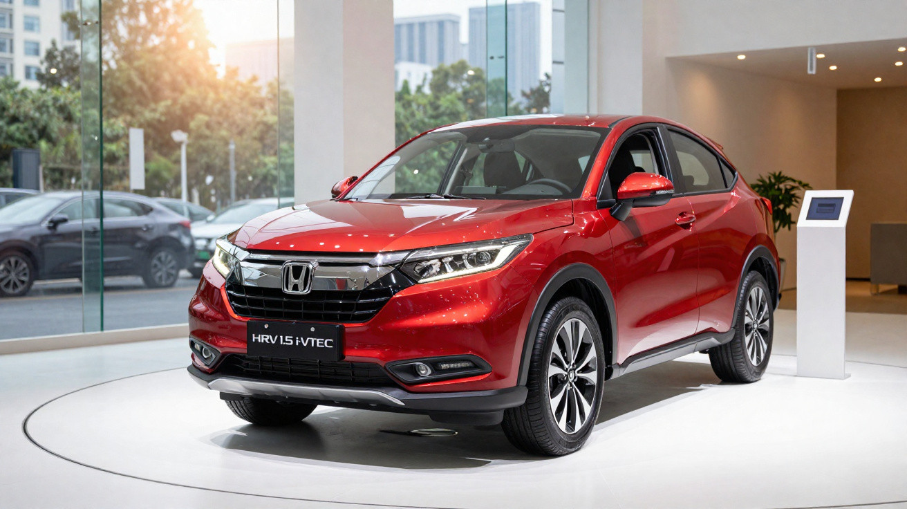 Carro SUV Honda HR-V vermelho exposto em showroom com iluminação natural e ambiente moderno.
