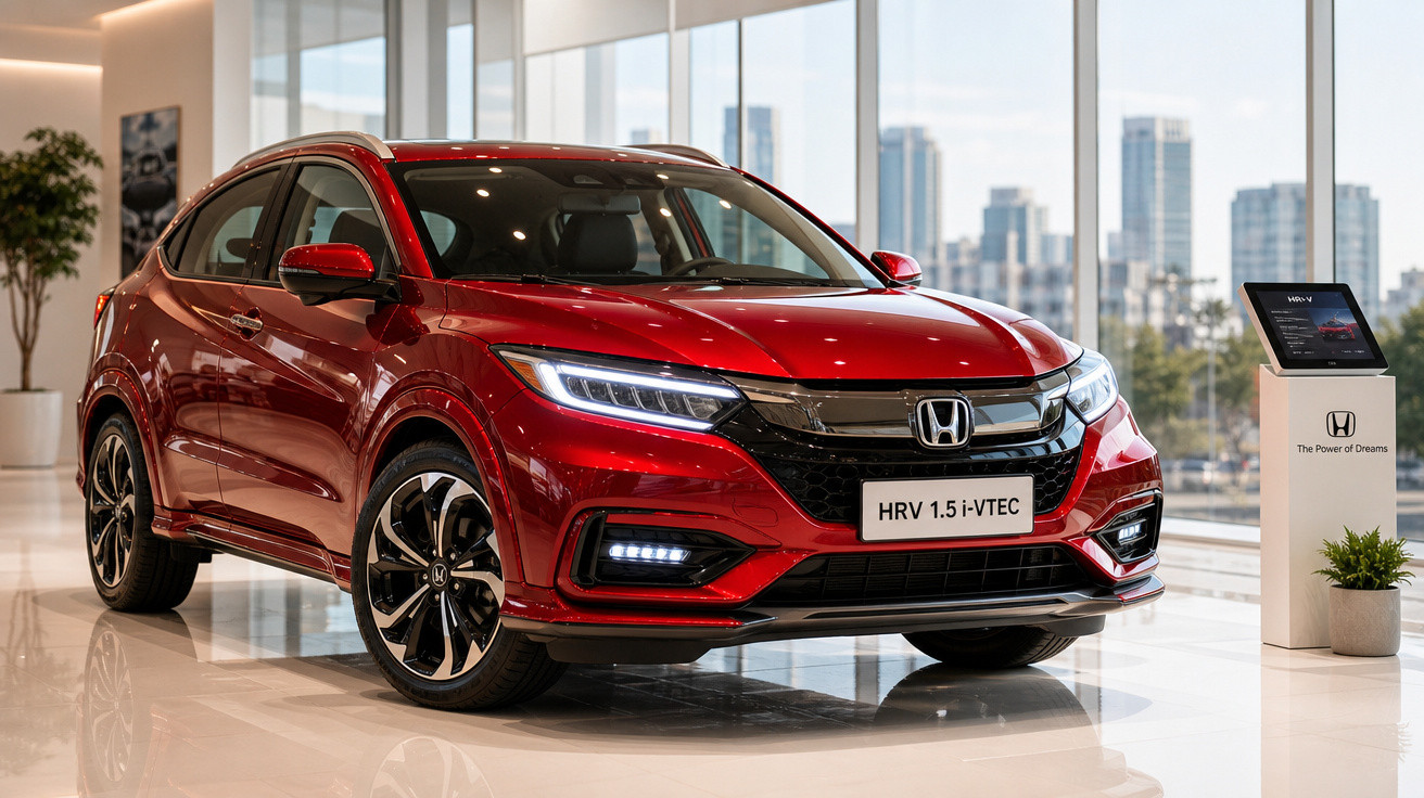 Carro Honda HR-V 1.5 i-VTEC vermelho exposto em showroom moderno com piso branco e grande janela vidro.