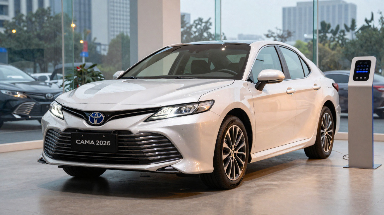 Carro sedã branco Toyota Camry 2026 estacionado em showroom com painel de vidro ao fundo.