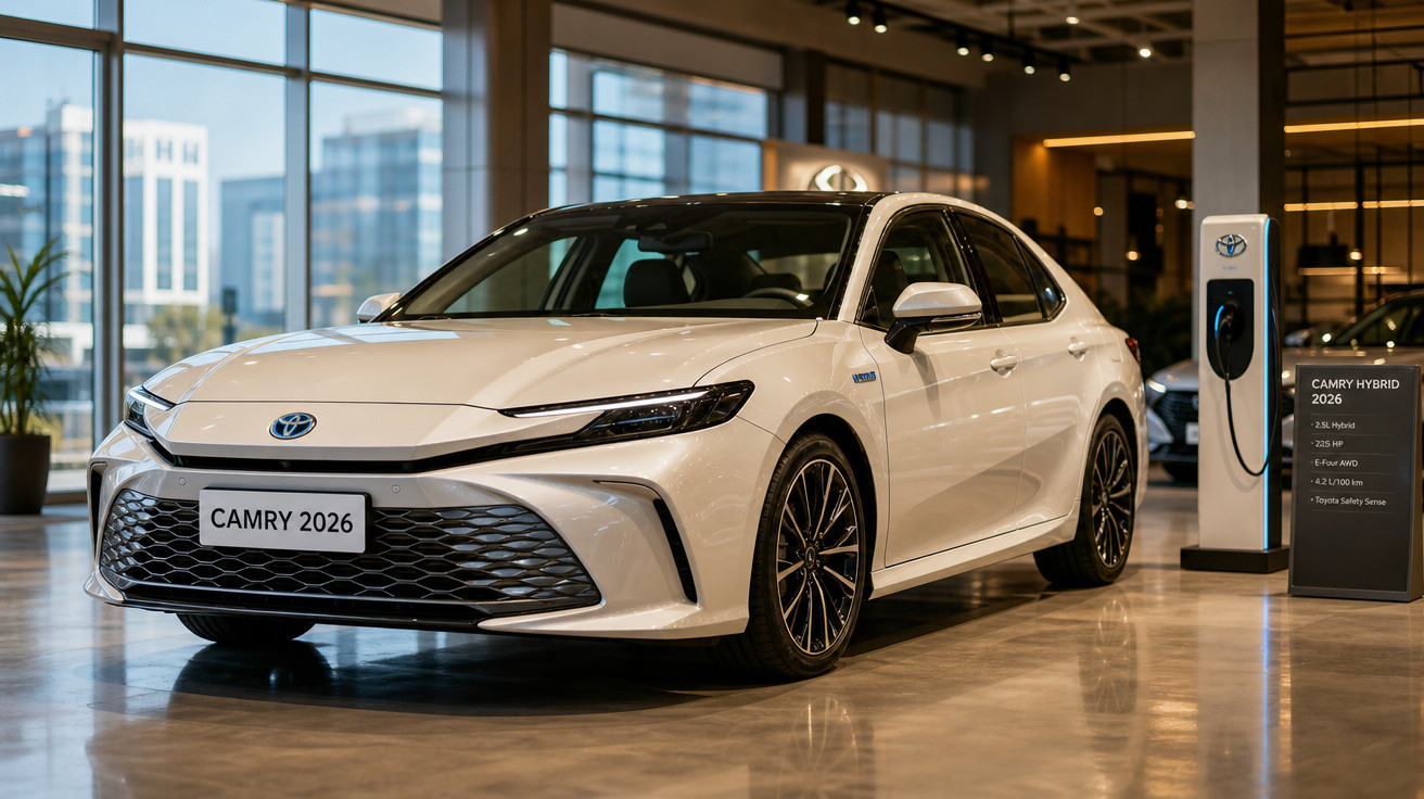 Toyota Camry 2026 branco exposto em showroom com carregador elétrico ao lado.