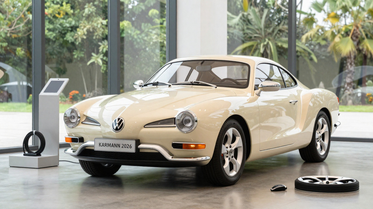 Carro esportivo clássico bege, modelo Karmann 2026, em exposição com roda e capô removidos ao lado.