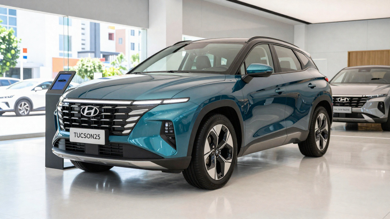 SUV Hyundai Tucson 2025 azul em exposição em showroom moderno e iluminado.