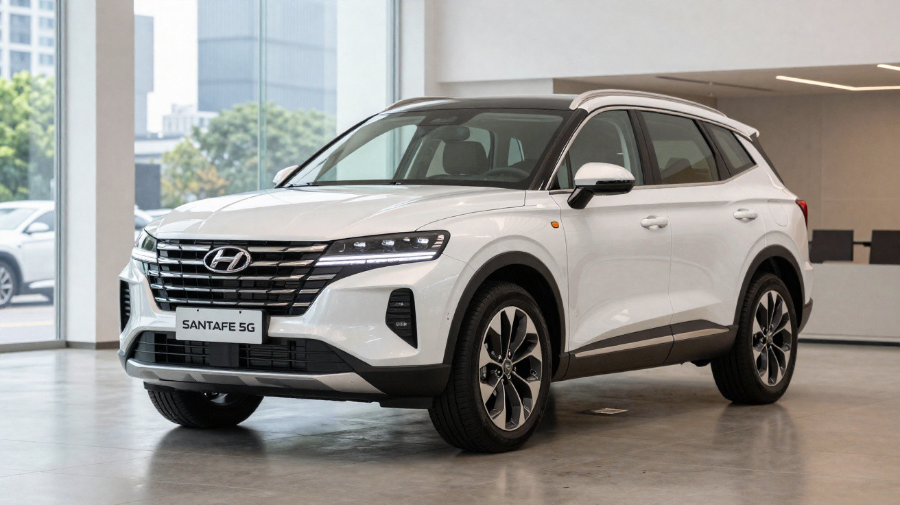 Carro SUV branco Hyundai Santa Fe 5G estacionado em showroom moderno com chão de cimento polido.