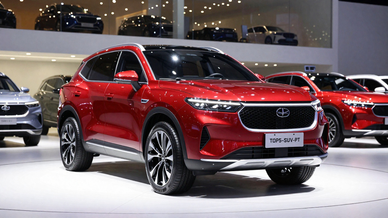 SUV vermelho exposto em showroom com outros veículos ao fundo, iluminação destacando o design moderno.