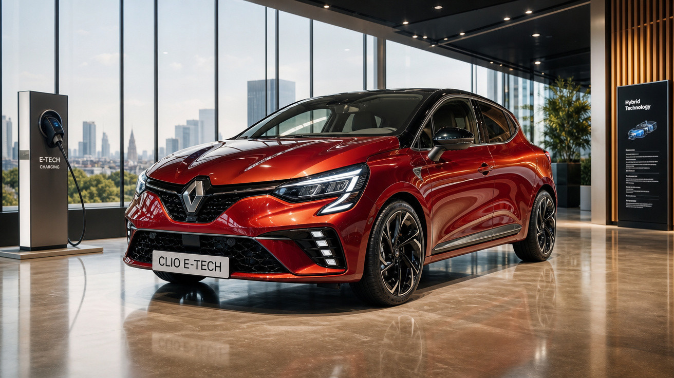 Carro Renault Clio E-Tech vermelho exposto em sala com janelas e estação de recarga elétrica.
