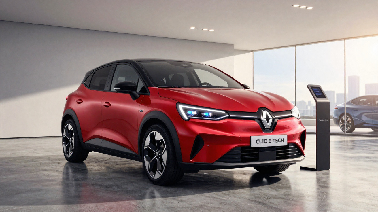 Carro elétrico Renault Clio E-Tech vermelho estacionado em garagem moderna com estação de recarga ao lado.