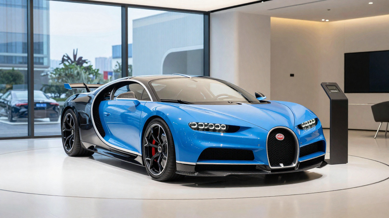 Carro esportivo Bugatti Chiron azul com detalhes pretos em showroom moderno e iluminado.