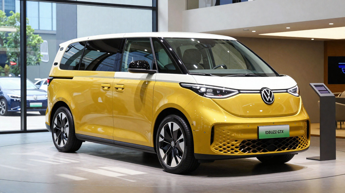 Carro elétrico VW ID.Buzz GTX amarelo com teto branco em exposição interna moderna.