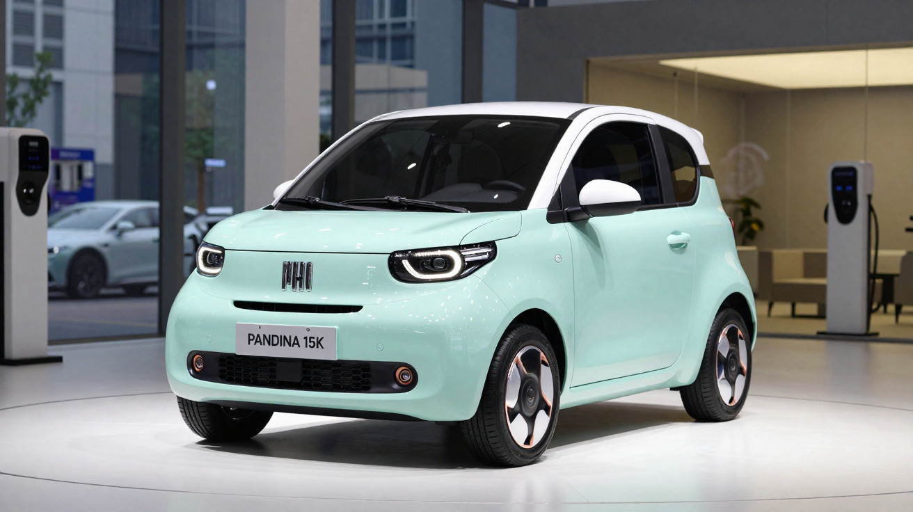 Carro elétrico compacto verde claro com teto branco exibido em ambiente interno moderno.