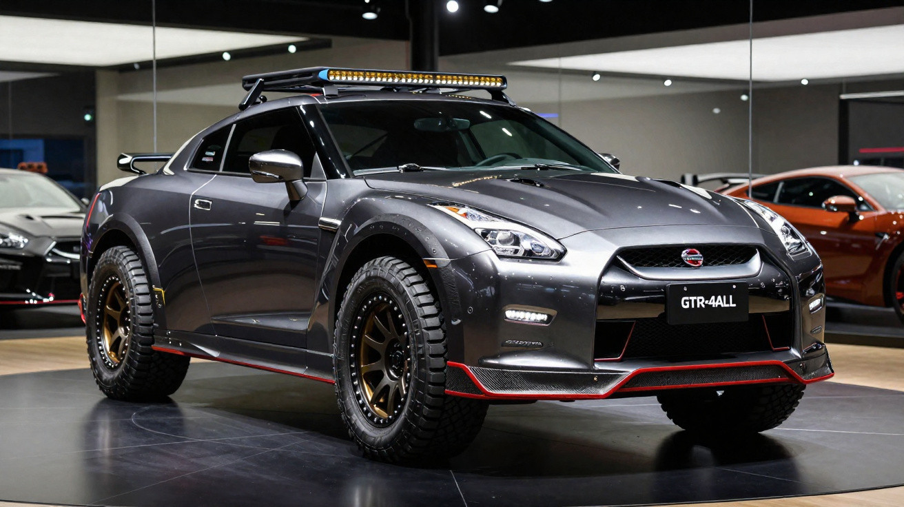 Carro esportivo Nissan GTR cinza com rodas off-road, barra de LED no teto, exibido em salão automotivo.