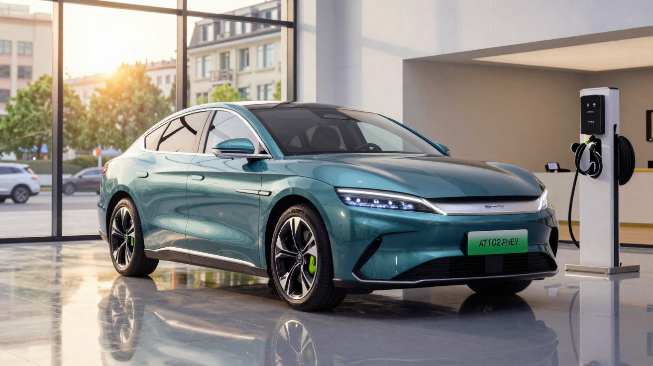 Carro elétrico verde brilhante estacionado em ambiente interno moderno próximo a estação de recarga.