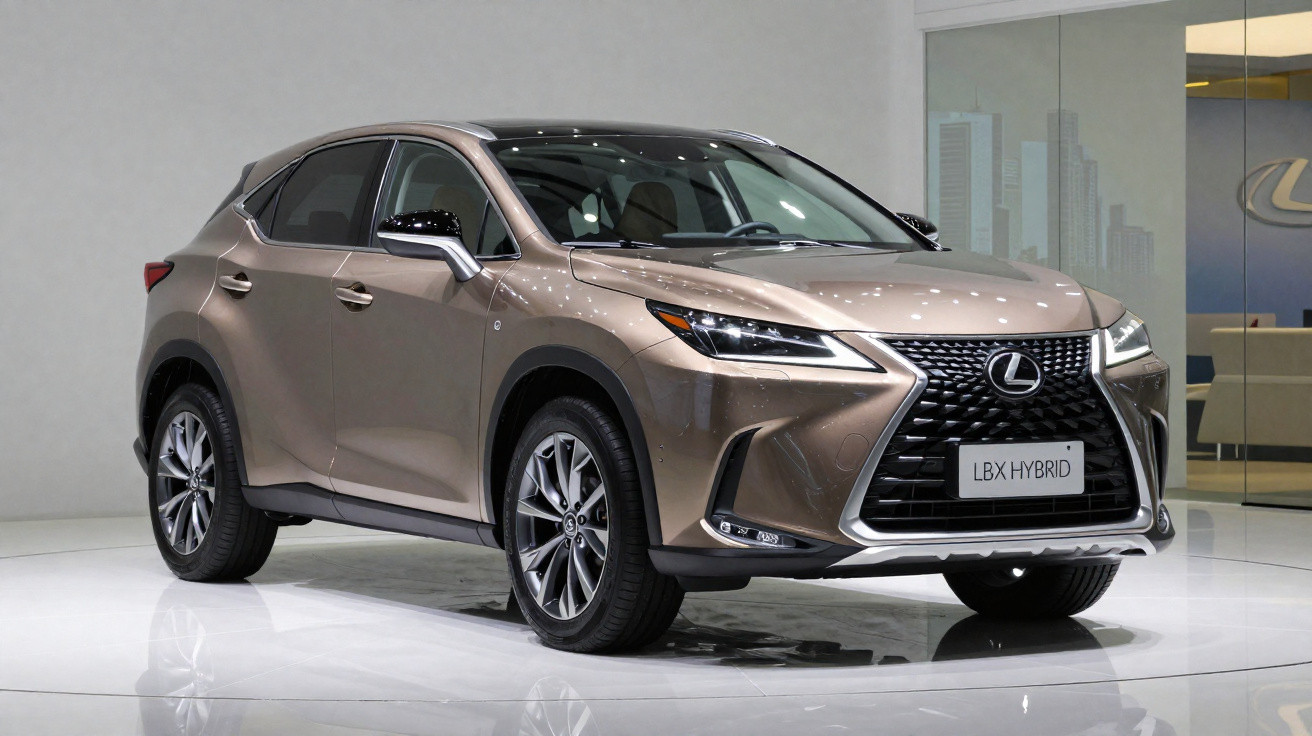Carro SUV Lexus LBX Hybrid marrom, estacionado em ambiente interno moderno e iluminado.