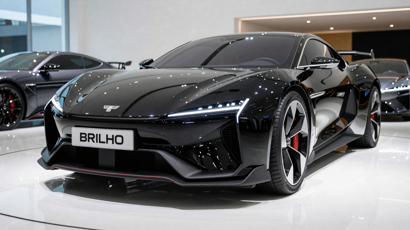 Carro esportivo preto com design futurista em exposição em ambiente interno iluminado.