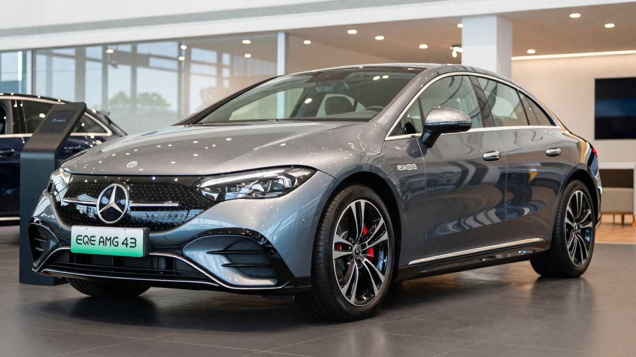 Carro sedan Mercedes-Benz EQE AMG 43 prata em exposição dentro de showroom moderno.