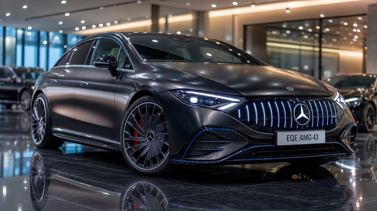 Carro sedã Mercedes-Benz EQE AMG 43 preto com faróis acesos em showroom moderno e iluminado.