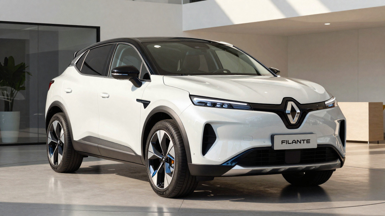 Carro elétrico Renault Filante branco em ambiente interno moderno com piso claro.