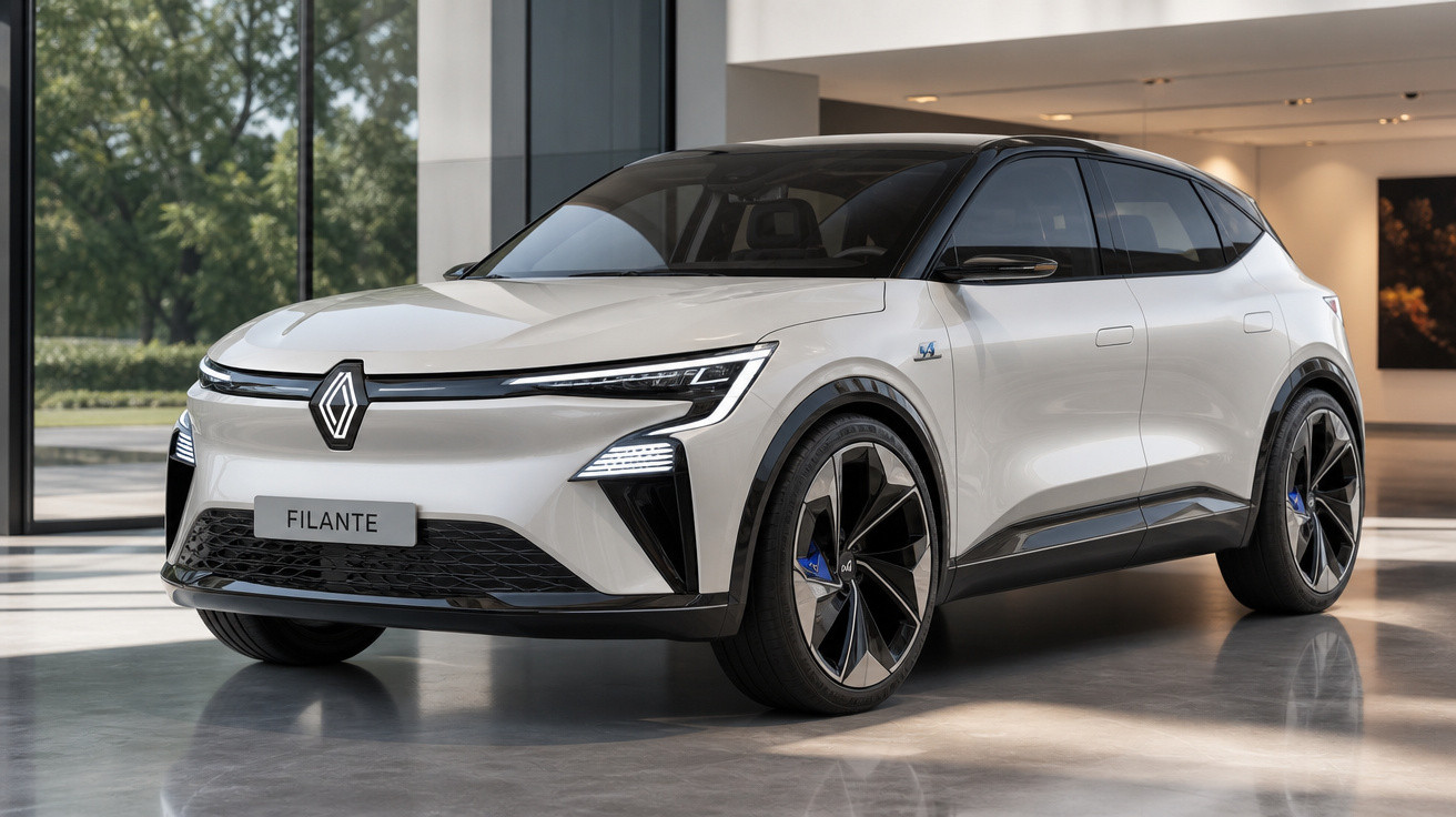 Carro elétrico branco Renault Filante estacionado em ambiente interno moderno e iluminado.
