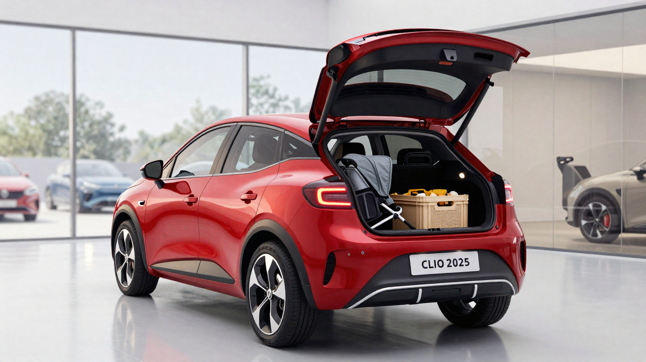 Carro vermelho Renault Clio 2025 com porta-malas aberto exibindo mala e bolsa em showroom.
