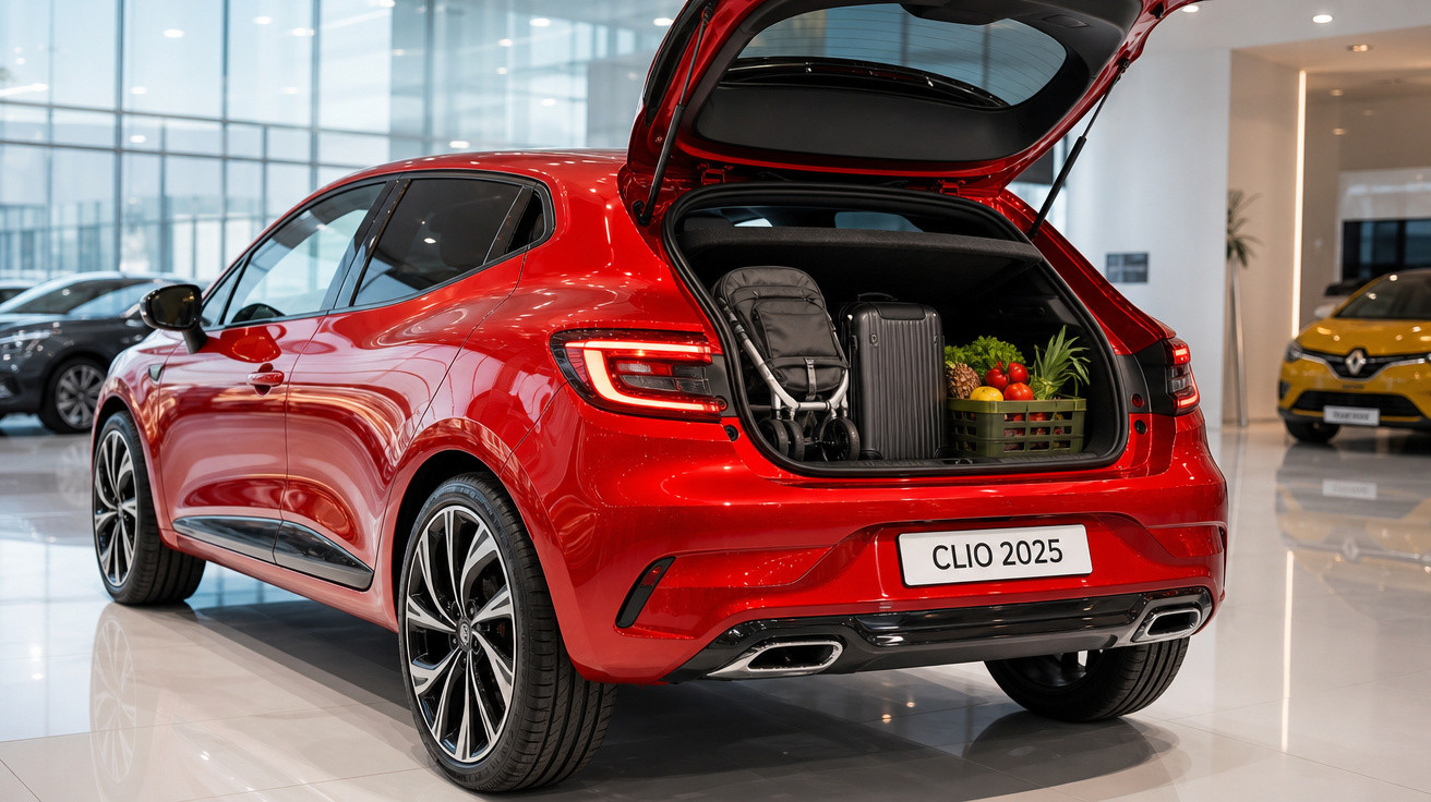 Carro vermelho Clio 2025 com porta-malas aberto exibindo mala, carrinho de bebê e cesta de frutas em showroom.