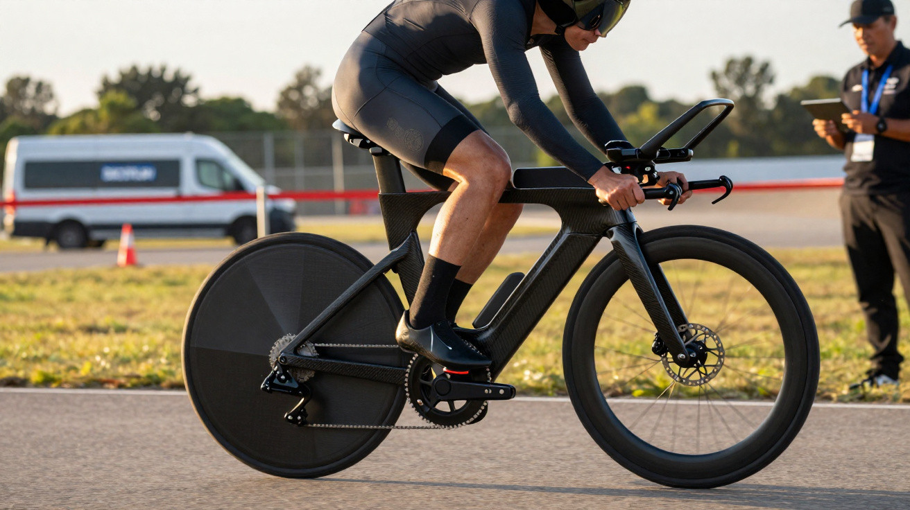 Ciclista com roupa aerodinâmica pedalando em bicicleta preta de corrida em pista asfaltada.