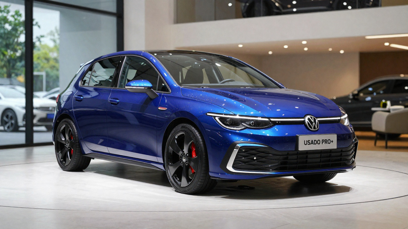 Carro Volkswagen azul modelo hatch estacionado em showroom moderno com piso claro.