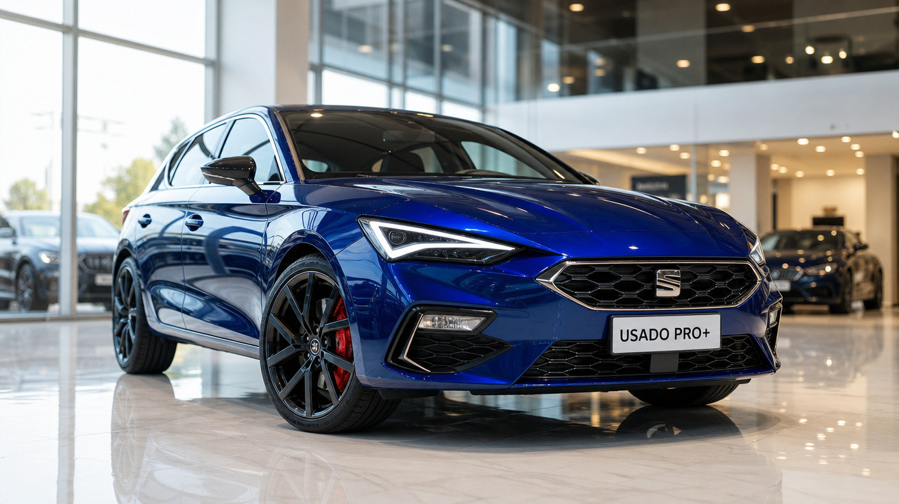 Carro azul escuro modelo SEAT estacionado em showroom com placa de "USADO PRO+".