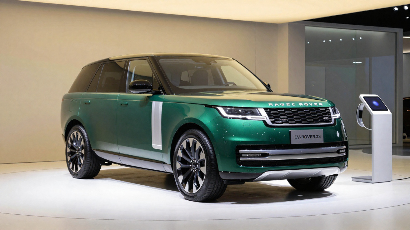 SUV elétrico verde Range Rover EV-Rover 23 exibido em estande moderno e iluminado