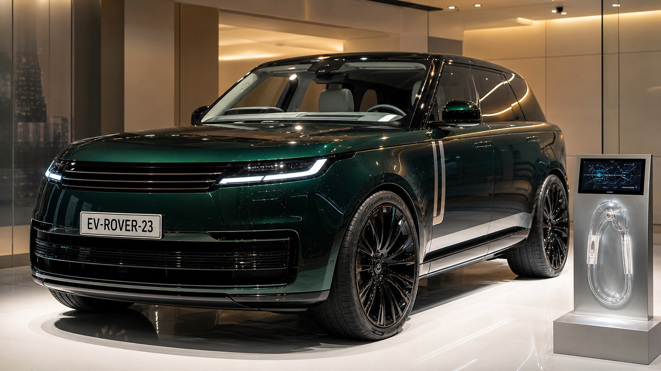 SUV elétrico verde metálico estacionado em ambiente interno com luzes quentes.