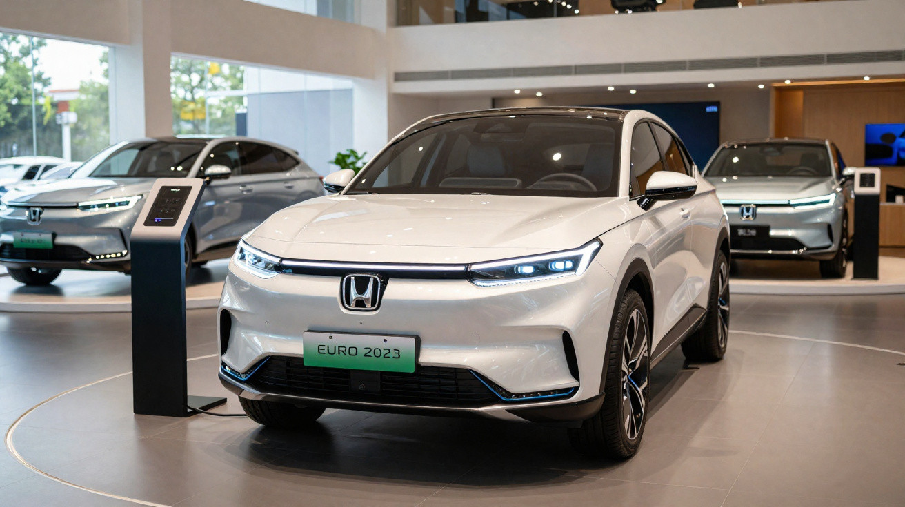 Carro elétrico Honda branco em exposição, modelo Euro 2023, com luzes dianteiras acesas.
