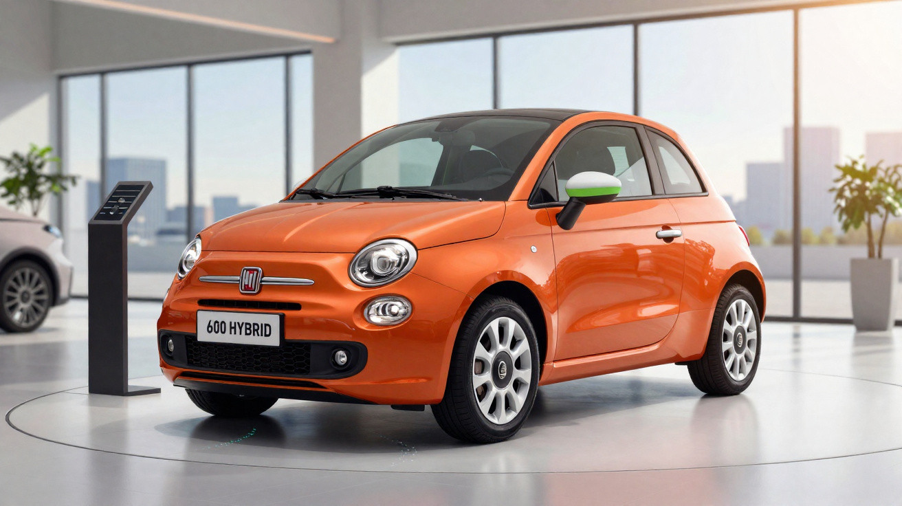 Carro compacto Fiat 600 Hybrid laranja em exposição moderna com grandes janelas ao fundo.