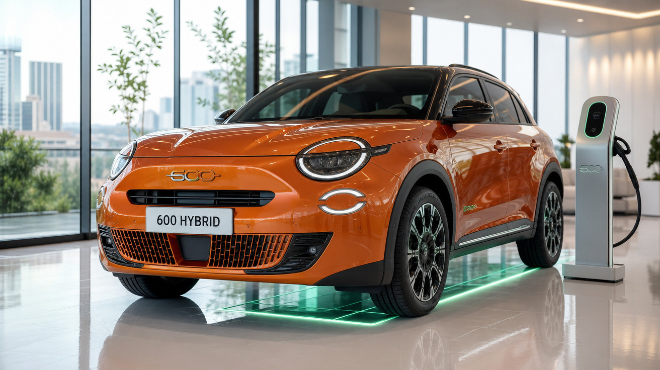 Carro híbrido laranja Fiat 600 Hybrid em showroom moderno ao lado de ponto de recarga elétrica.