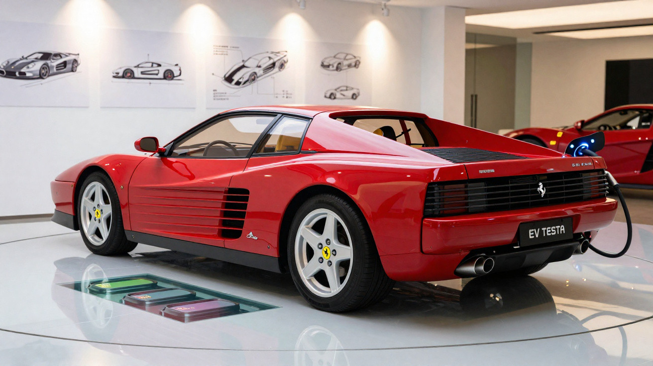 Carro esportivo Ferrari Testarossa vermelho em exposição, visto de trás com design clássico e rodas brancas.