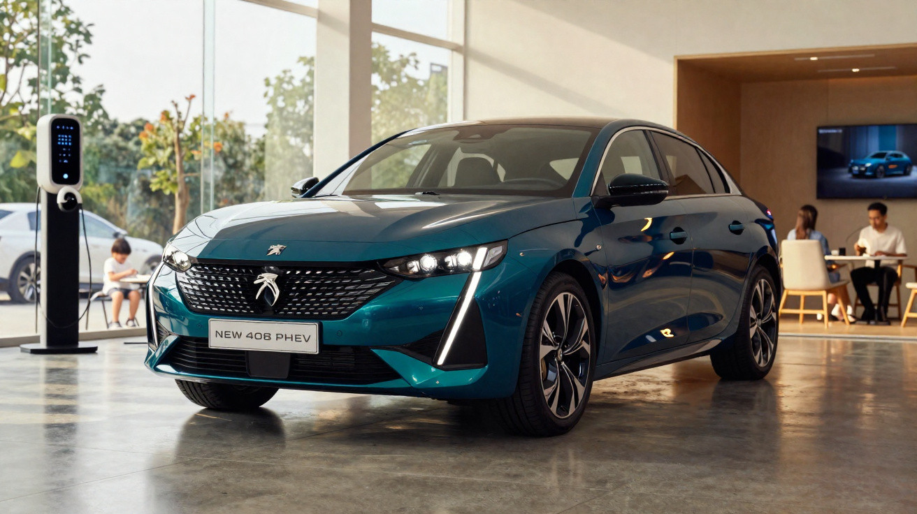 Carro elétrico Peugeot NEW 408 PHEV azul em exposição com estação de carregamento e pessoas ao fundo.