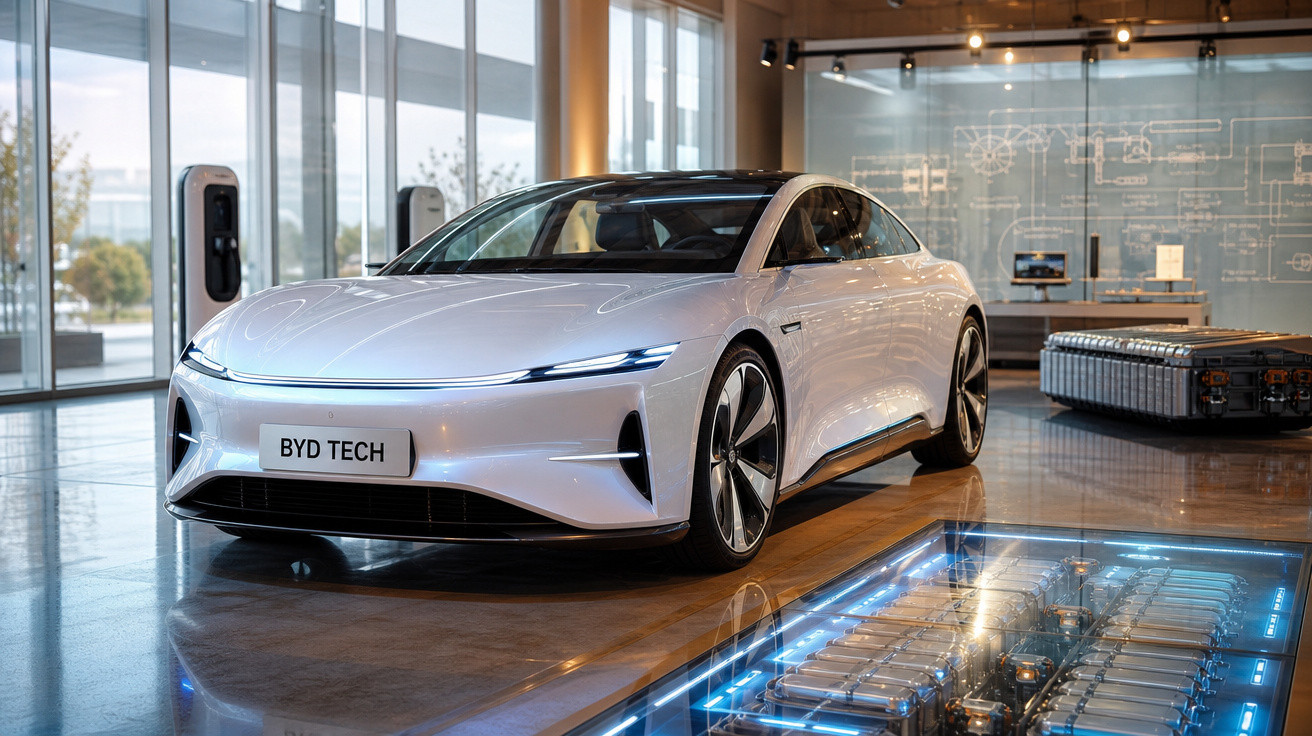 Carro elétrico branco moderno exposto em showroom com piso de madeira e carregadores ao fundo.